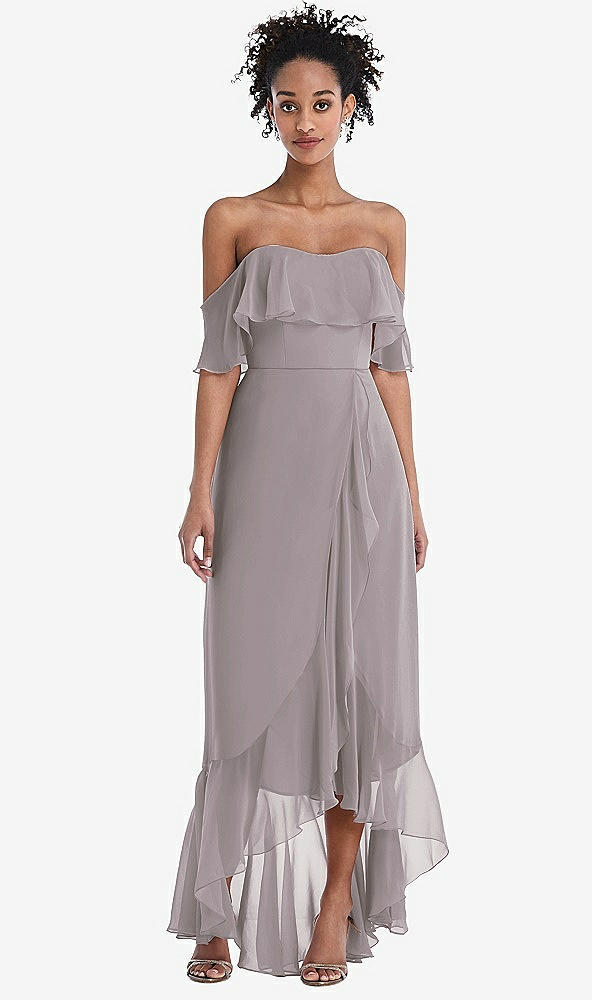 Front View - Cashmere Gray Off-the-Shoulder Ruffled High Low Maxi Dress