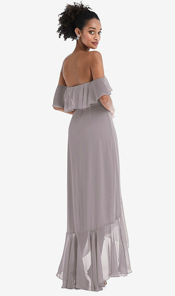 Back View - Cashmere Gray Off-the-Shoulder Ruffled High Low Maxi Dress