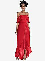 Front View Thumbnail - Parisian Red Off-the-Shoulder Ruffled High Low Maxi Dress