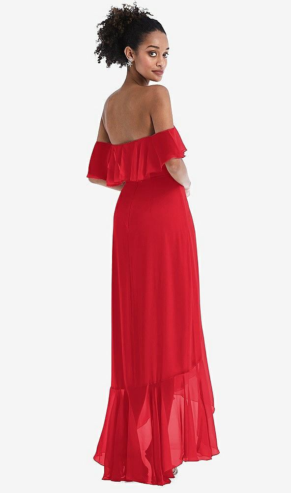 Back View - Parisian Red Off-the-Shoulder Ruffled High Low Maxi Dress