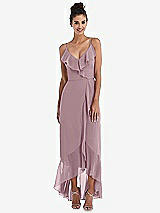 Front View Thumbnail - Dusty Rose Ruffle-Trimmed V-Neck High Low Wrap Dress