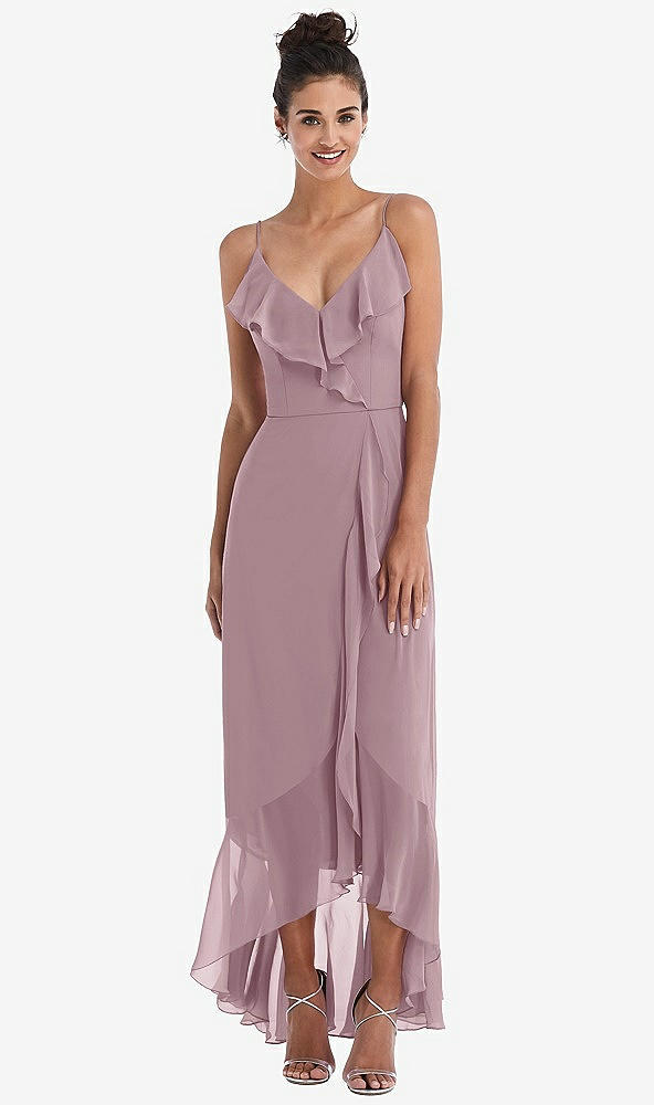 Front View - Dusty Rose Ruffle-Trimmed V-Neck High Low Wrap Dress