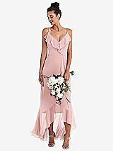 Alt View 1 Thumbnail - Rose - PANTONE Rose Quartz Ruffle-Trimmed V-Neck High Low Wrap Dress