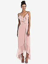 Front View Thumbnail - Rose - PANTONE Rose Quartz Ruffle-Trimmed V-Neck High Low Wrap Dress