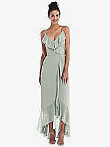 Front View Thumbnail - Willow Green Ruffle-Trimmed V-Neck High Low Wrap Dress