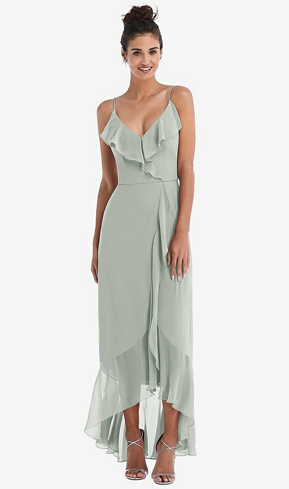 Front View - Willow Green Ruffle-Trimmed V-Neck High Low Wrap Dress