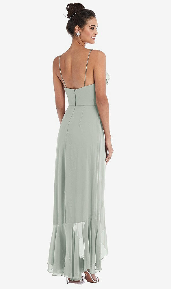 Back View - Willow Green Ruffle-Trimmed V-Neck High Low Wrap Dress