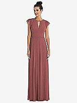 Front View Thumbnail - English Rose Flutter Sleeve V-Keyhole Chiffon Maxi Dress