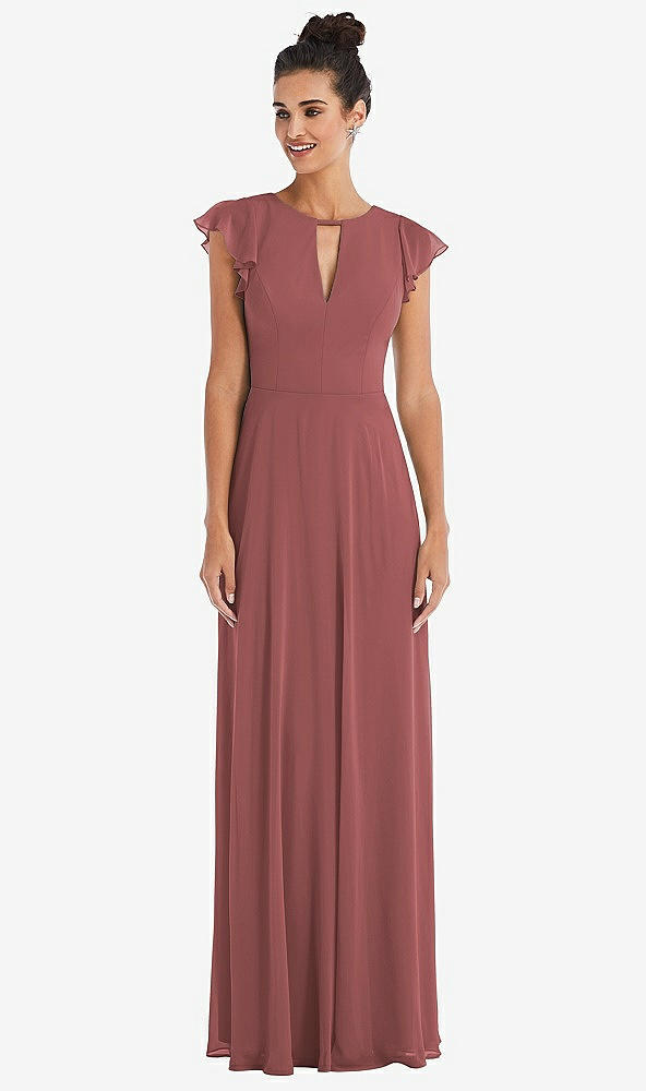Front View - English Rose Flutter Sleeve V-Keyhole Chiffon Maxi Dress