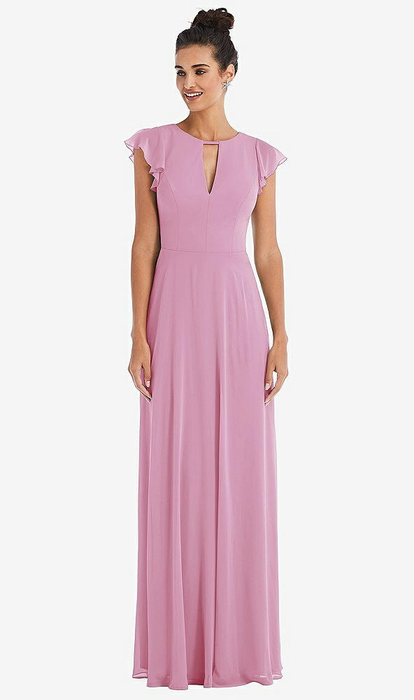 Front View - Powder Pink Flutter Sleeve V-Keyhole Chiffon Maxi Dress