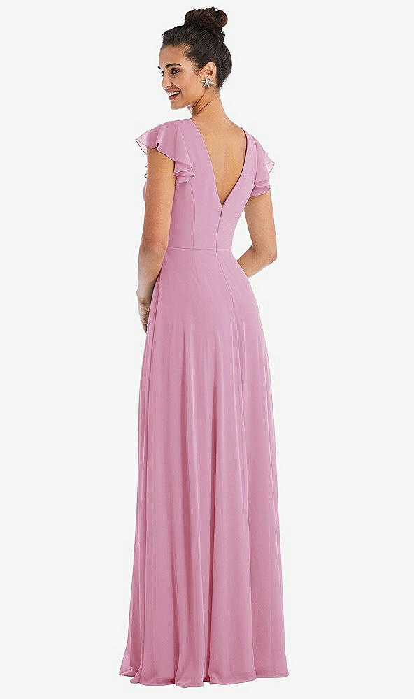 Back View - Powder Pink Flutter Sleeve V-Keyhole Chiffon Maxi Dress
