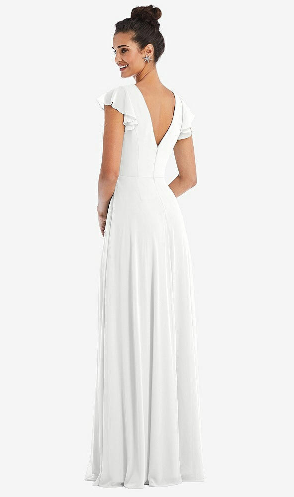 Back View - White Flutter Sleeve V-Keyhole Chiffon Maxi Dress