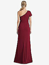 Rear View Thumbnail - Burgundy One-Shoulder Cap Sleeve Trumpet Gown with Front Slit