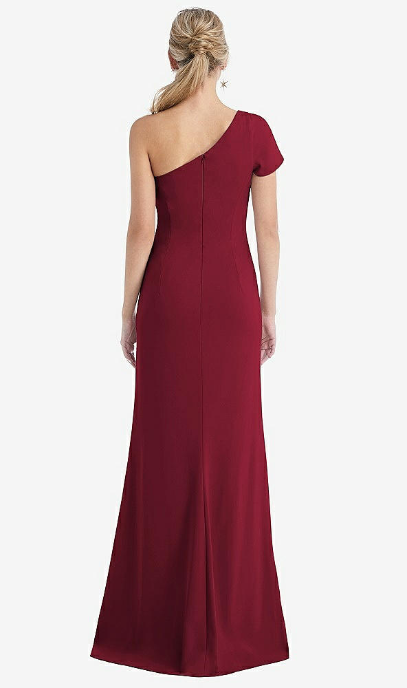 Back View - Burgundy One-Shoulder Cap Sleeve Trumpet Gown with Front Slit