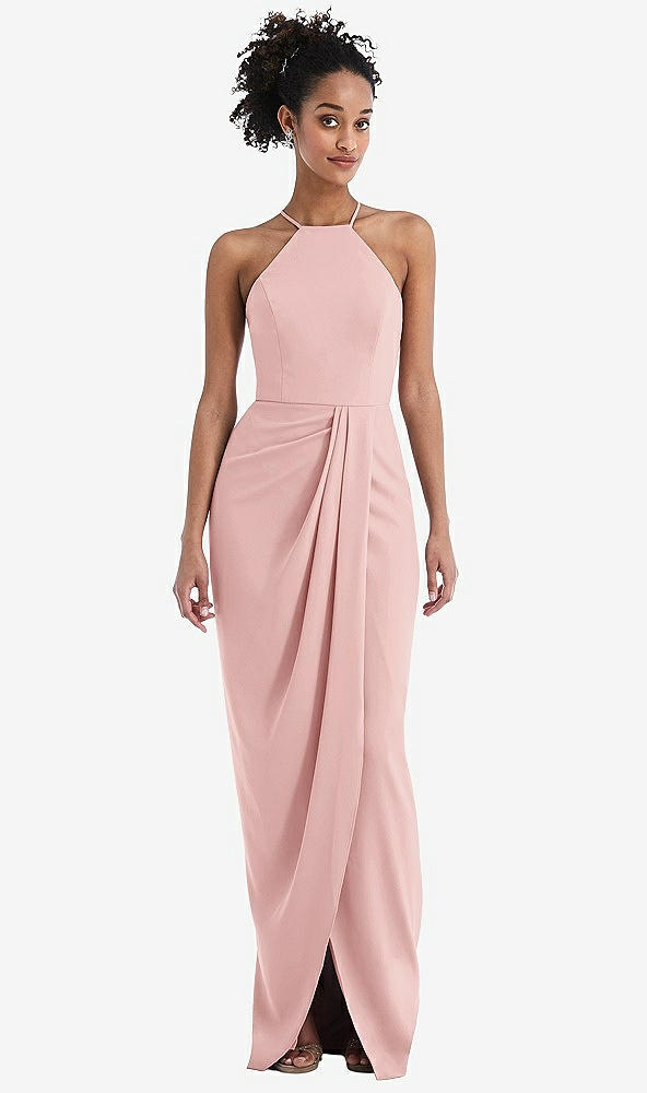 Front View - Rose - PANTONE Rose Quartz Halter Draped Tulip Skirt Maxi Dress