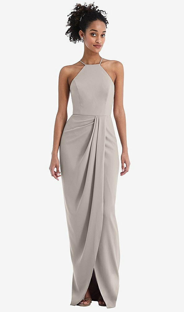 Front View - Taupe Halter Draped Tulip Skirt Maxi Dress