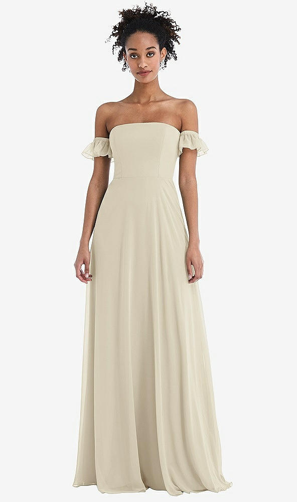 Front View - Champagne Off-the-Shoulder Ruffle Cuff Sleeve Chiffon Maxi Dress