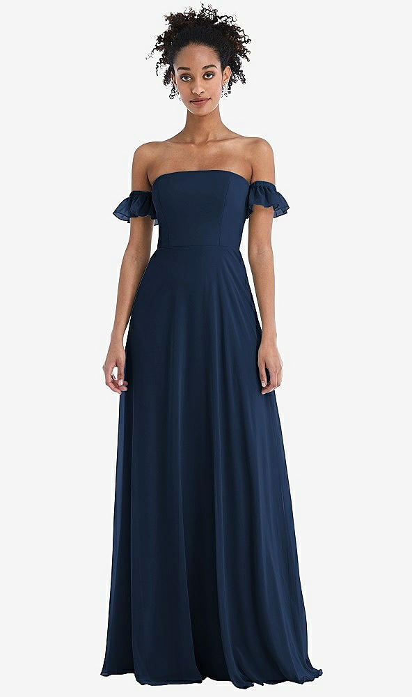 Front View - Midnight Navy Off-the-Shoulder Ruffle Cuff Sleeve Chiffon Maxi Dress