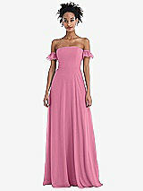 Front View Thumbnail - Orchid Pink Off-the-Shoulder Ruffle Cuff Sleeve Chiffon Maxi Dress