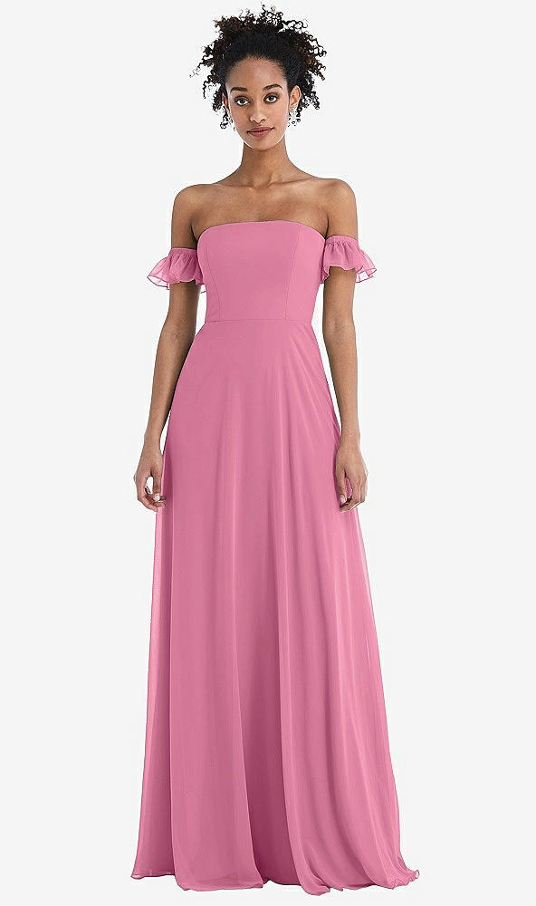 Front View - Orchid Pink Off-the-Shoulder Ruffle Cuff Sleeve Chiffon Maxi Dress