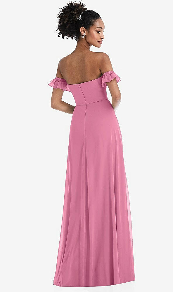 Back View - Orchid Pink Off-the-Shoulder Ruffle Cuff Sleeve Chiffon Maxi Dress