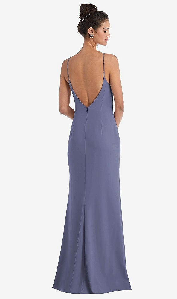 Back View - French Blue Open-Back High-Neck Halter Trumpet Gown
