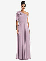 Front View Thumbnail - Suede Rose Bow One-Shoulder Flounce Sleeve Maxi Dress