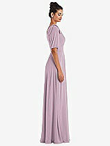 Side View Thumbnail - Suede Rose Bow One-Shoulder Flounce Sleeve Maxi Dress