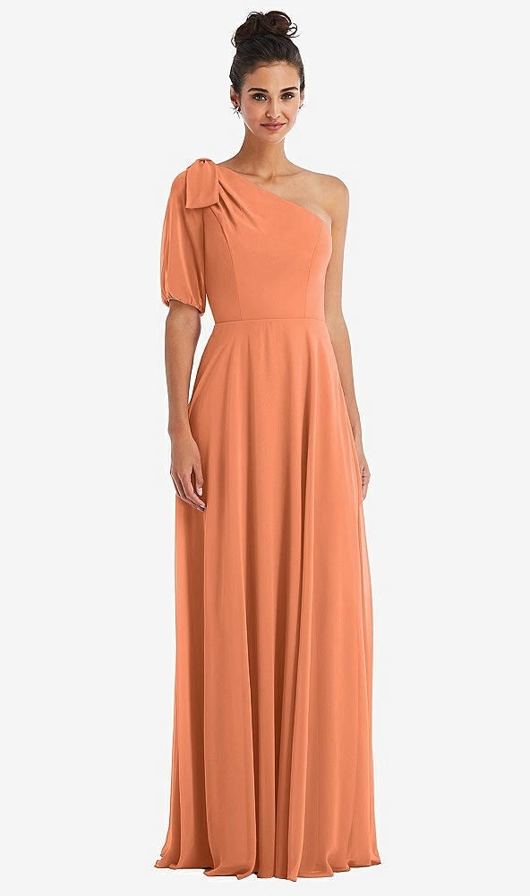 Front View - Sweet Melon Bow One-Shoulder Flounce Sleeve Maxi Dress