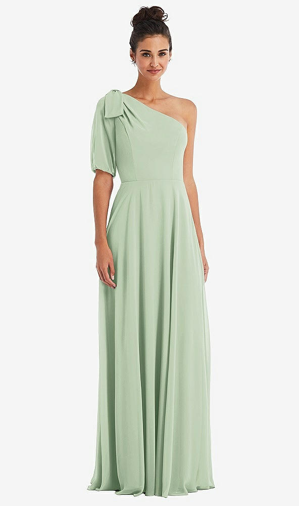 Front View - Celadon Bow One-Shoulder Flounce Sleeve Maxi Dress