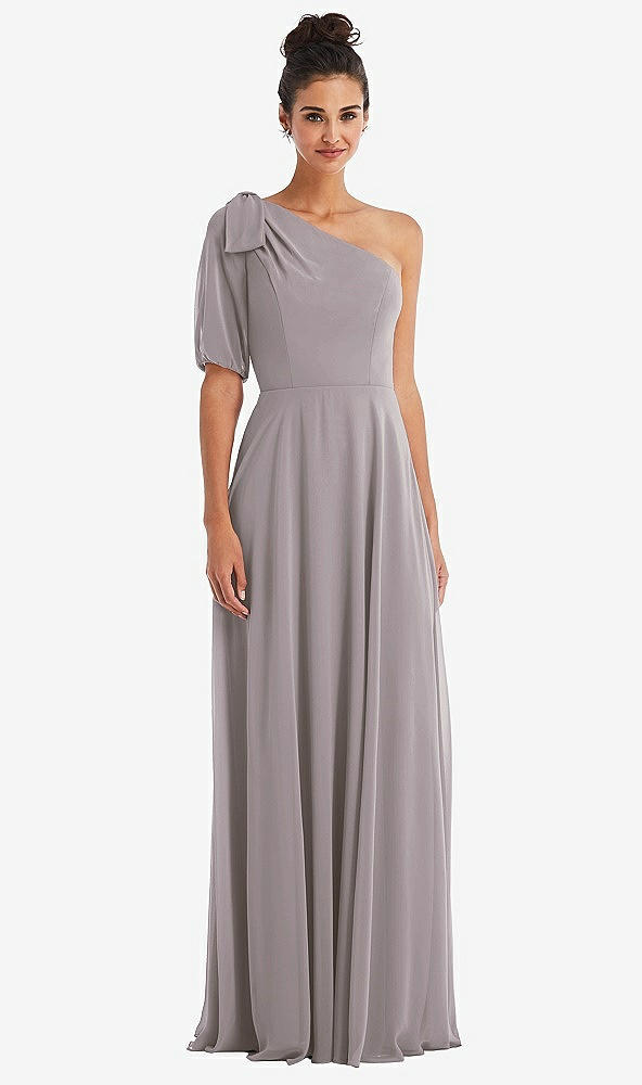 Front View - Cashmere Gray Bow One-Shoulder Flounce Sleeve Maxi Dress