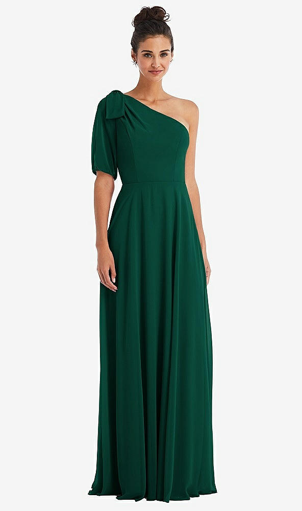 Front View - Hunter Green Bow One-Shoulder Flounce Sleeve Maxi Dress
