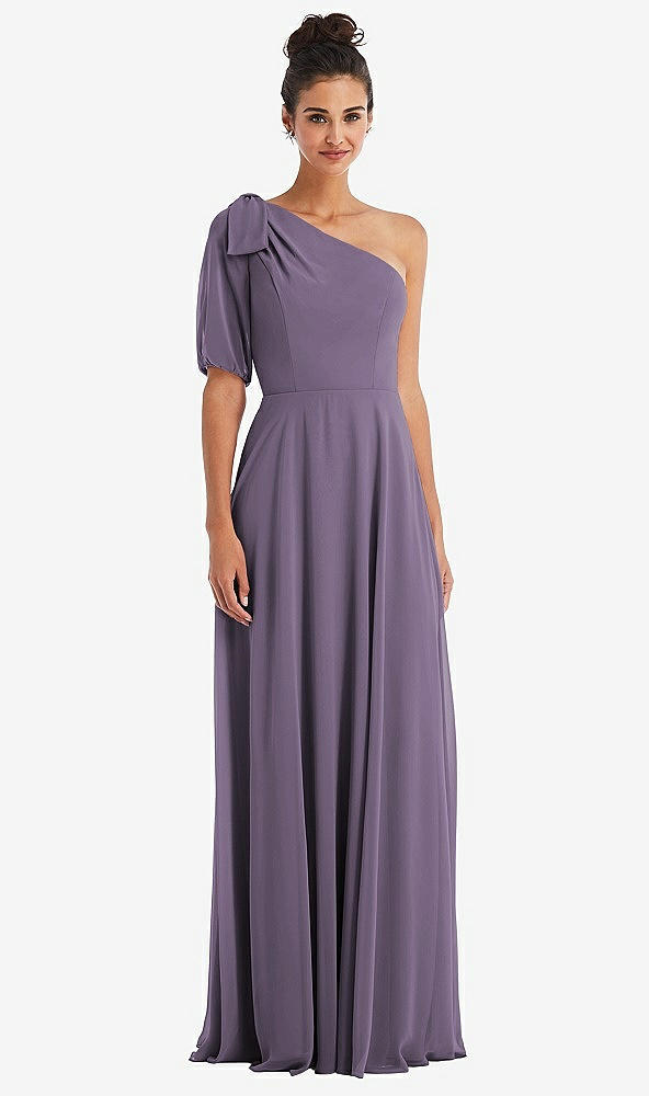 Front View - Lavender Bow One-Shoulder Flounce Sleeve Maxi Dress