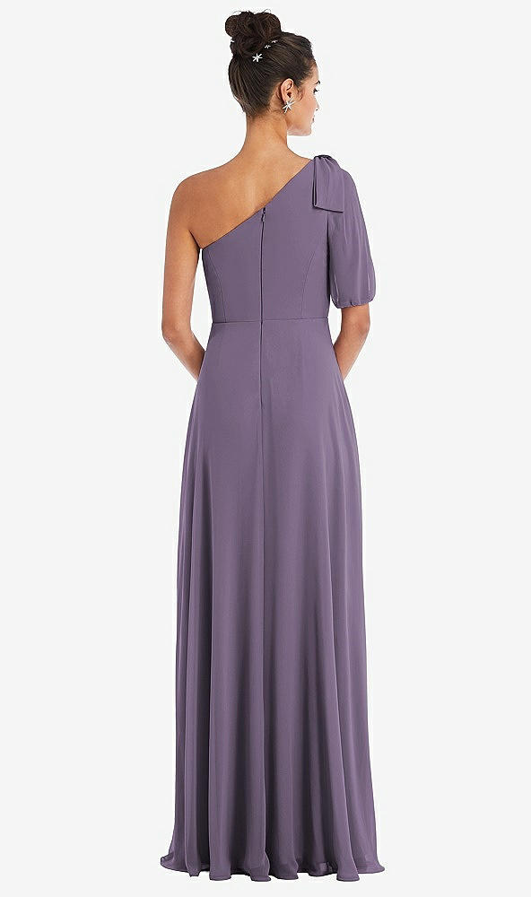 Back View - Lavender Bow One-Shoulder Flounce Sleeve Maxi Dress