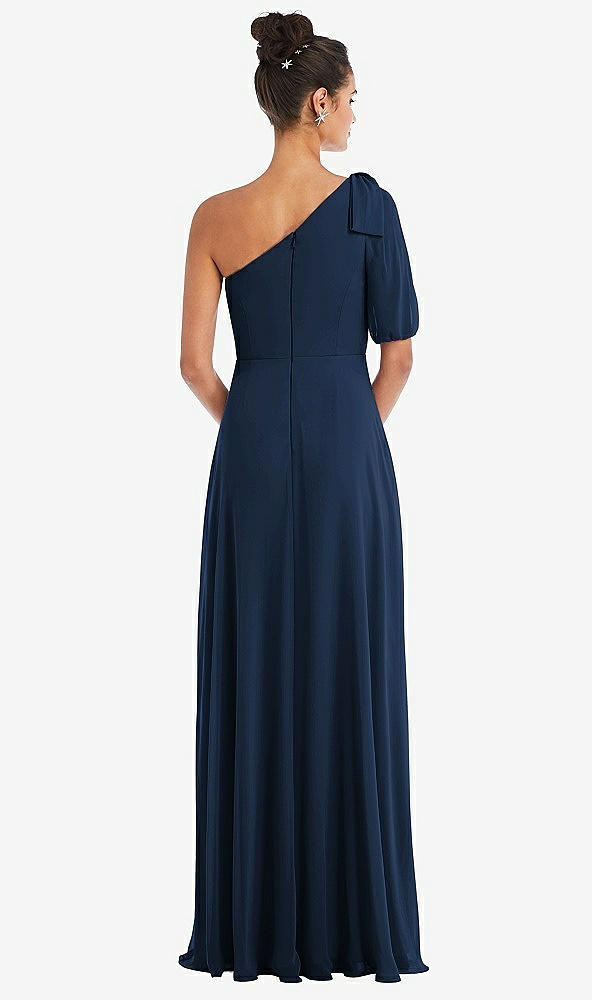 Back View - Midnight Navy Bow One-Shoulder Flounce Sleeve Maxi Dress