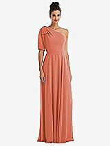 Front View Thumbnail - Terracotta Copper Bow One-Shoulder Flounce Sleeve Maxi Dress