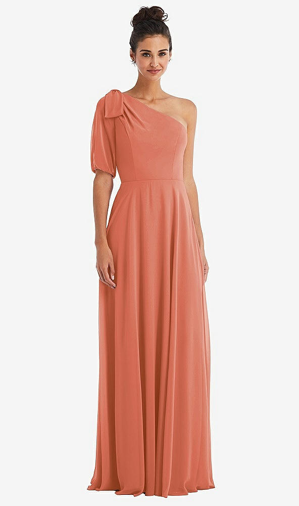 Front View - Terracotta Copper Bow One-Shoulder Flounce Sleeve Maxi Dress