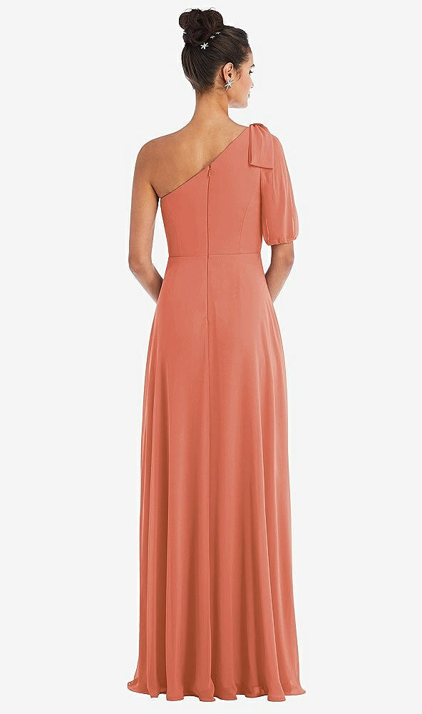Back View - Terracotta Copper Bow One-Shoulder Flounce Sleeve Maxi Dress