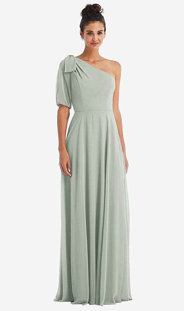 Front View - Willow Green Bow One-Shoulder Flounce Sleeve Maxi Dress