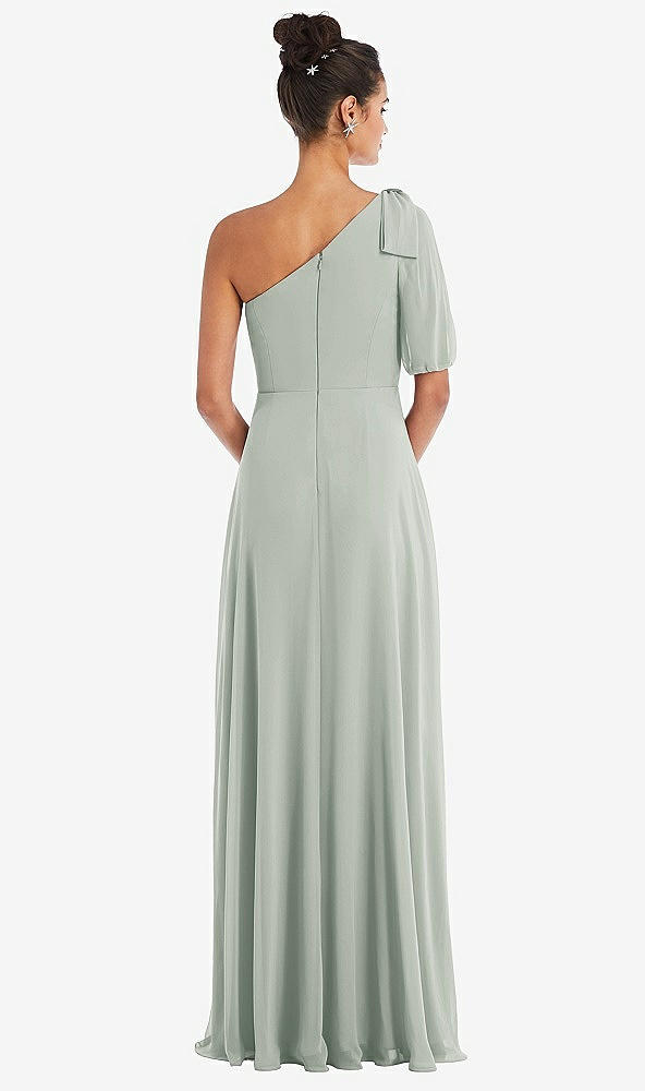 Back View - Willow Green Bow One-Shoulder Flounce Sleeve Maxi Dress