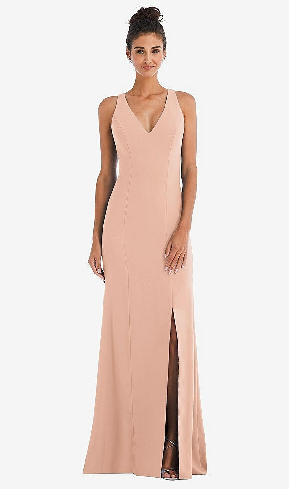 Back View - Pale Peach Criss-Cross Cutout Back Maxi Dress with Front Slit