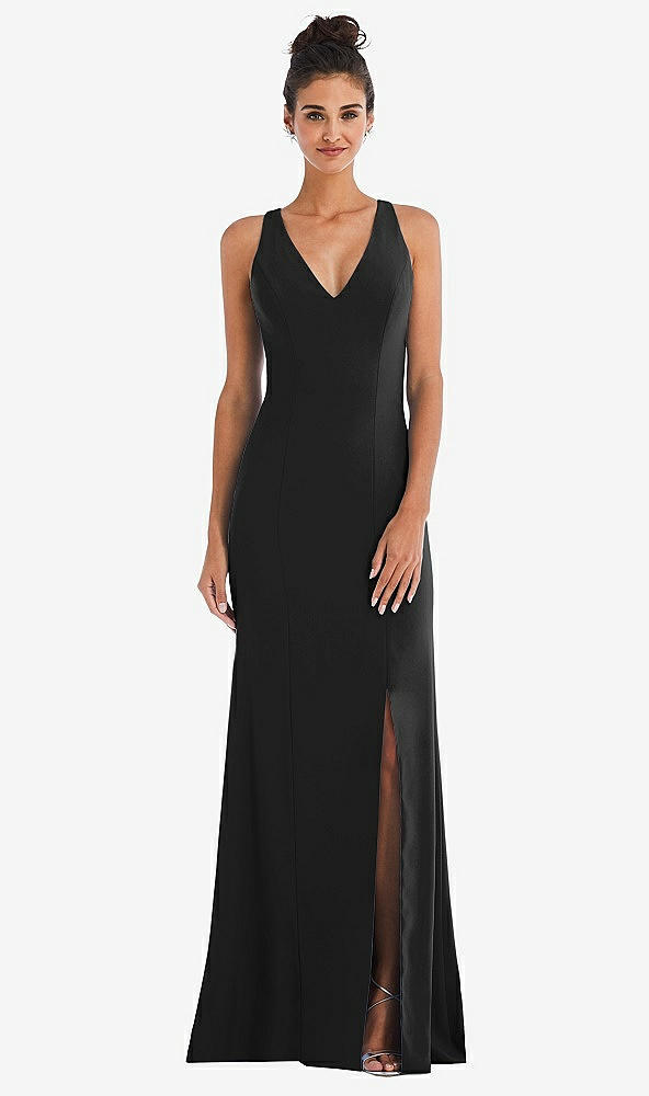 Back View - Black Criss-Cross Cutout Back Maxi Dress with Front Slit