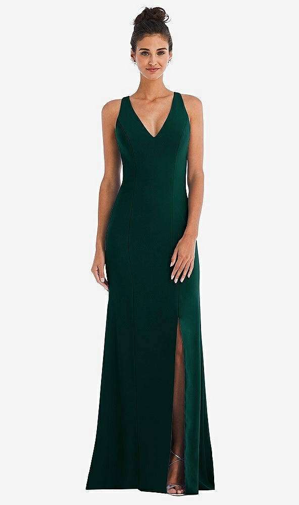 Back View - Evergreen Criss-Cross Cutout Back Maxi Dress with Front Slit