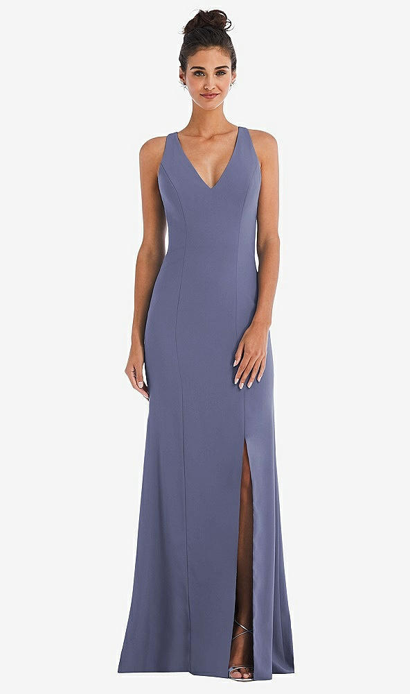 Back View - French Blue Criss-Cross Cutout Back Maxi Dress with Front Slit