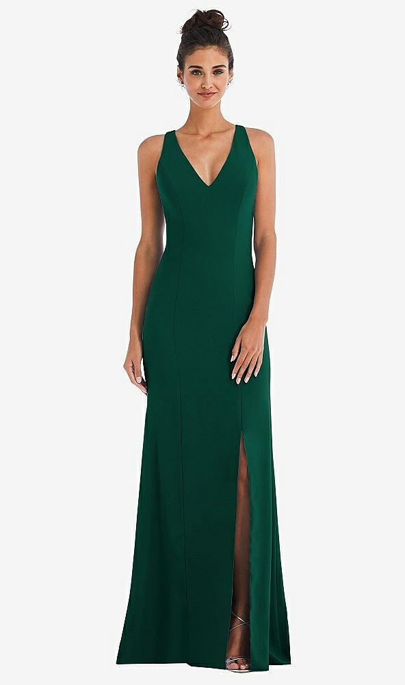 Back View - Hunter Green Criss-Cross Cutout Back Maxi Dress with Front Slit