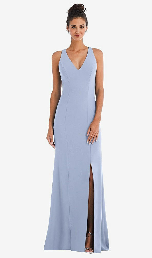 Back View - Sky Blue Criss-Cross Cutout Back Maxi Dress with Front Slit