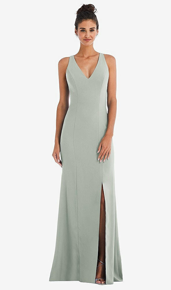 Back View - Willow Green Criss-Cross Cutout Back Maxi Dress with Front Slit