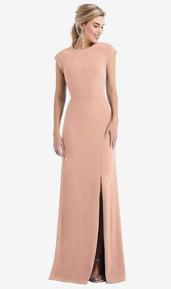 Front View - Pale Peach Cap Sleeve Open-Back Trumpet Gown with Front Slit