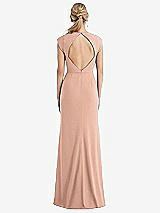 Rear View Thumbnail - Pale Peach Cap Sleeve Open-Back Trumpet Gown with Front Slit