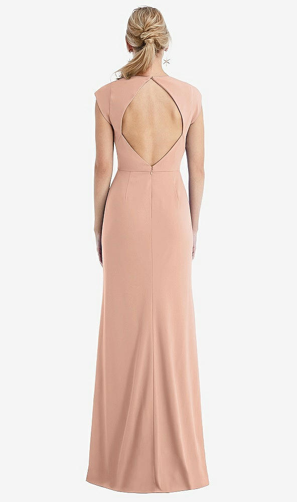 Back View - Pale Peach Cap Sleeve Open-Back Trumpet Gown with Front Slit